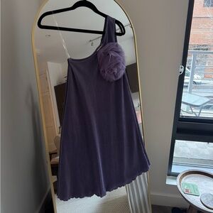 Textured Purple One-Shoulder Dress w Flower Detail